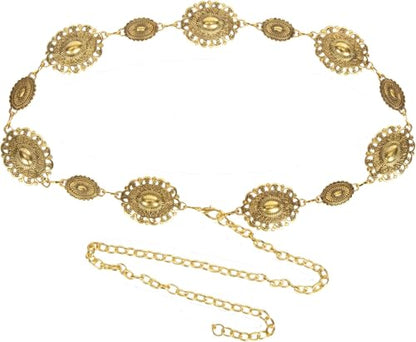 Women Western Concho Chain Belt - Fashion Gold Metal Waist Cowgirl Belt for Dresses Jeans - color: Gold