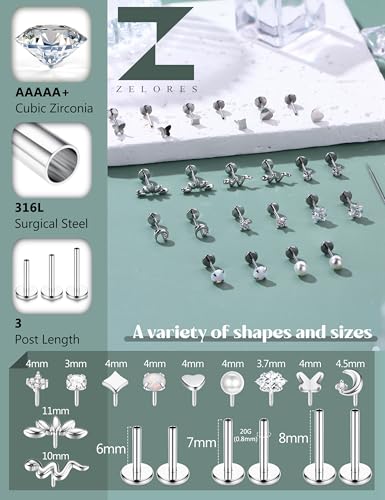 316L Stainless Steel 20G/16G Threadless Flat Back Push In Earrings Women | 11 Pairs 316L Hypoallergenic CZ Cartilage Conch Tragus Stud Earrings Nose Rings for Women, 14K Gold Plated, Silver, 6/7/8mm - color: Silver Plated, size: 20G- bar length: 6/7/8mm