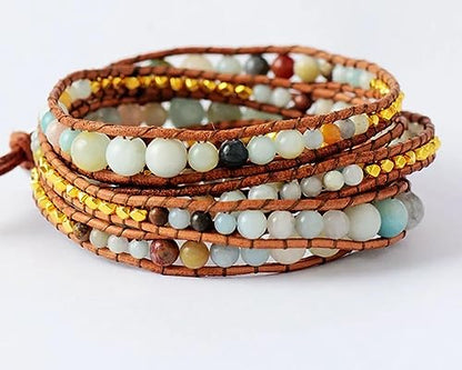 Boho Wrap Bead Bracelet for Women - Handmade Adjustable Natural Stone Beaded Bracelets Yoga Healing Bracelet Bangle Hippie Jewelry - color: Amazonite #2