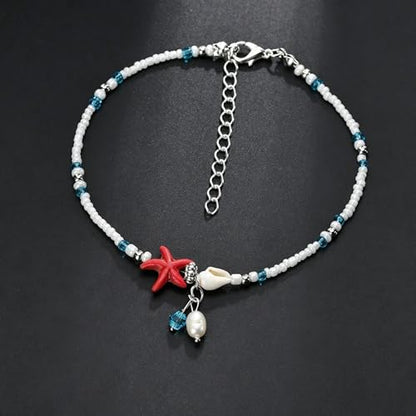 Beaded Ankle Bracelets for Women Boho Starfish Shell Pearl Beaded Ankle Bracelets Stacked Strench Silver Ankle Bracelet Non Tarnish Adjustable Hawaiian Summer Beach Surfer Foot Jewelry - color: Red
