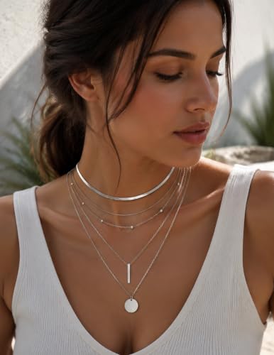 YEEZII 56 Pcs Gold Jewelry Set for Women with 5Pcs Layered Necklace, 5Pcs Layered Necklace, 12 Bracelets, 4 Hoop Earrings, 8 Stackable Rings, 10 hairpins, 12 Studs Earrings Jewerly set for Women - color: SilverB