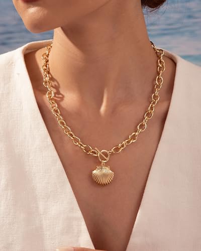 CHESKY 14K Gold Plated Chunky Necklace for Women, Trendy Toggle Clasp | Statement Pendant Necklace, Layered Paperclip Chain, Toggle Clasp Design, Thick Gold Chain, Non Tarnish Everyday Jewelry - color: gold, style: shell