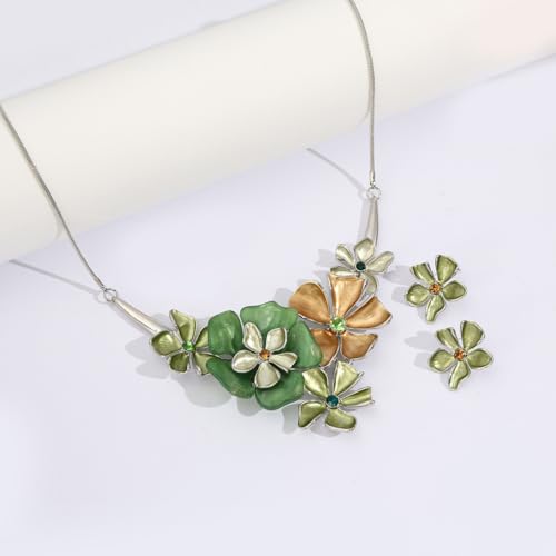 Chunky Statement Jewelry Set Vintage Retro Leaf Flower Floral Geometric Bohemian Boho Bib Necklace Earring Set Fashion Costume Jewelry for Women Girls Wedding Party Prom Unique Gift - style: 5 petal flower JS silver green
