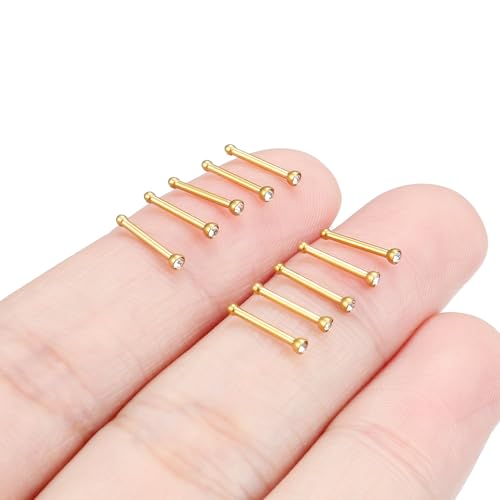 Hoeudjo Nose Studs Surgical Steel Cubic Zirconia Nose Rings Kit for Women Men Tiny Nose Stud Bone & Screw & L Shaped Nostril Piercing Jewelry 18/20/22/24 Gauge 10 Pieces - color: gold-tone,nose bone studs, size: 20g/1.5mm clear CZ