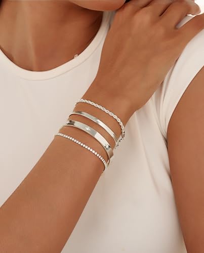 Gold Bracelets for Women 14K Gold Plated Stack Trend Bracelets Charm Paperclip Chain Cuban Link Layered Waterproof Bracelet Dainty Bracelet for Women Jewelry Gifts - color: Silver