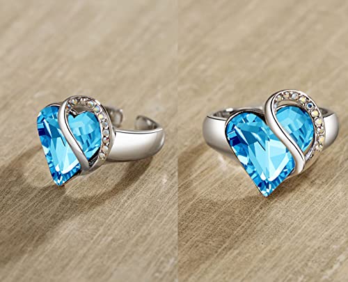 Leafael Infinity Love Women's Adjustable Crystal Heart Ring with Birthstone Crystals Healing Stones, Jewelry Gifts for Women, Birthdays Valentine's Day, Silver-Tone, Open End, Size 6.5-8 - color: 09b-December-Calmness-Aquamarine Blue