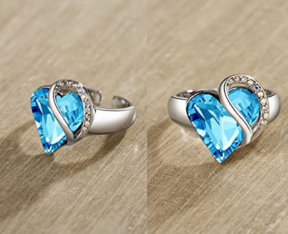Leafael Infinity Love Women's Adjustable Crystal Heart Ring with Birthstone Crystals Healing Stones, Jewelry Gifts for Women, Birthdays Valentine's Day, Silver-Tone, Open End, Size 6.5-8 - color: 09b-December-Calmness-Aquamarine Blue