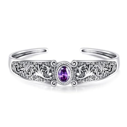 Genuine Amethyst Cuff Bracelet, 925 Sterling Silver Vintage Filigree Engraved Open Bangle Purple Gemstone Boho Jewelry February Birthstone Gift for Women - style: Style B