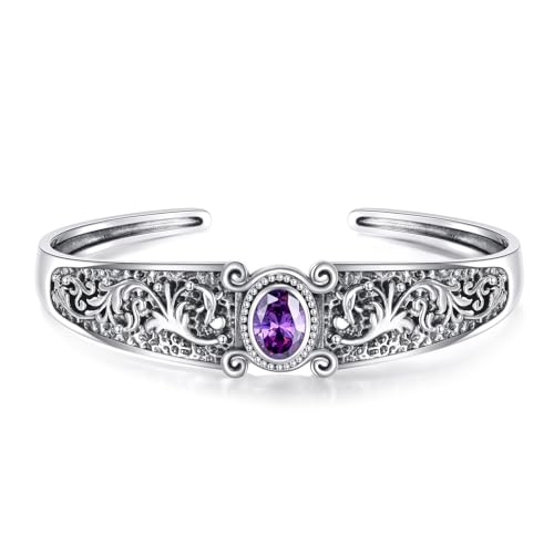 Genuine Amethyst Cuff Bracelet, 925 Sterling Silver Vintage Filigree Engraved Open Bangle Purple Gemstone Boho Jewelry February Birthstone Gift for Women - style: Style B