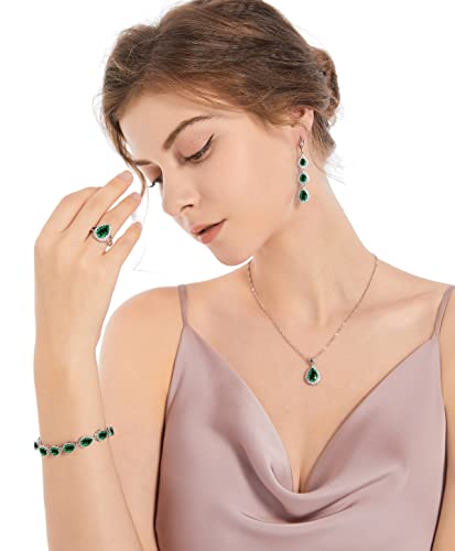 LMXXVJ Necklace Long Earrings Bracelet Set, White Gold Plated Created Blue Sapphire Jewelry Set Wedding Party Gift Jewelry for Women Bridal Bridesmaid - color: White Gold-Green Ring