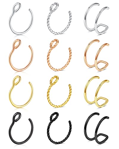 Fake Nose Ring Hoop Double Fake Septum Rings Fake Nose Piercing Clip on Earring Hoops Faux Nose Rings Lip Ring - color: B11-hoop-4 styles-3 colors