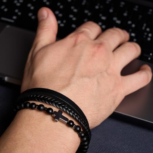 Cross Bracelet for Men - Genuine Leather Religious Bracelets | Stylish Christian Bracelet for Men - Perfect Faith Accessory | Mens Cross Bracelet - Christian Jewelry - style: Shadow
