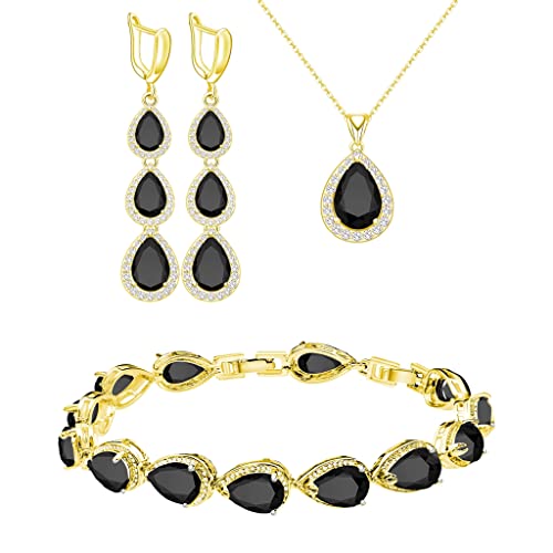 LMXXVJ Necklace Long Earrings Bracelet Set, White Gold Plated Created Blue Sapphire Jewelry Set Wedding Party Gift Jewelry for Women Bridal Bridesmaid - color: Gold-Black