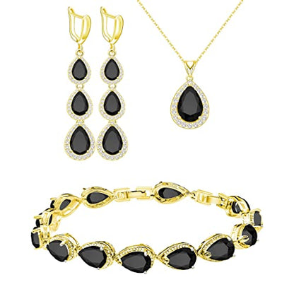 LMXXVJ Necklace Long Earrings Bracelet Set, White Gold Plated Created Blue Sapphire Jewelry Set Wedding Party Gift Jewelry for Women Bridal Bridesmaid - color: Gold-Black