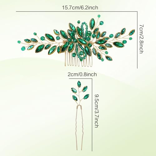 Dizila 7 Pieces Emerald Green Crystal Bead Party Prom Wedding Bridal Vine Leaf Hair Side Combs + Rhinestone U-shaped Hair Pins Headpieces for Brides Bridesmaids Women Girls - color: Emerald Green
