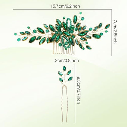 Dizila 7 Pieces Emerald Green Crystal Bead Party Prom Wedding Bridal Vine Leaf Hair Side Combs + Rhinestone U-shaped Hair Pins Headpieces for Brides Bridesmaids Women Girls - color: Emerald Green