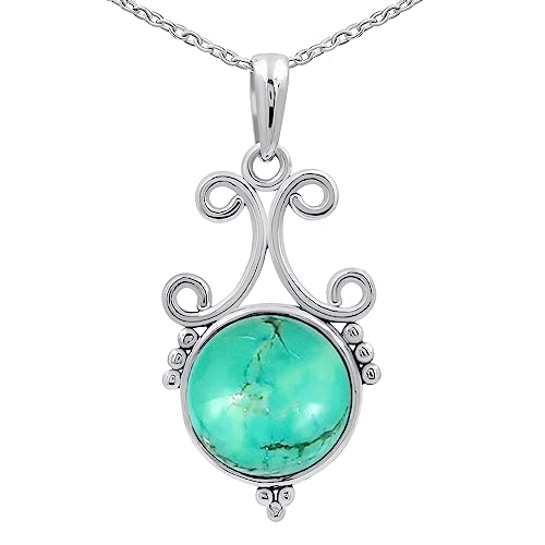 Natural Round Gemstone Pendant Necklace for Women, 925 Sterling Silver | Solitaire Birthstone Jewelry With 18 Inch Chain, Handmade Semi Precious Stone Pendant, Jewelry Gift for Mom, Wife & Sister - color: Turquoise