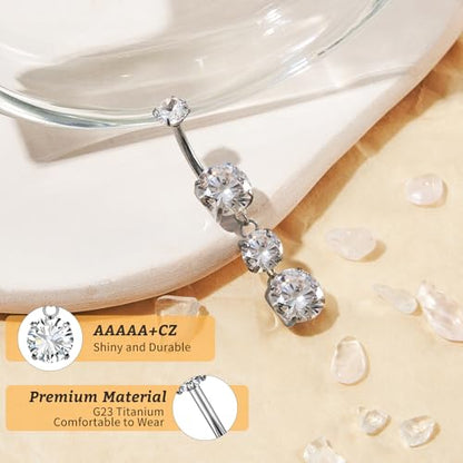 1PC 14G Belly Button Rings G23 Titanium Dangle Belly Piercing Navel Rings CZ Curved Barbell Internally Threaded Dangling Belly Jewelry for Women - color: A-Silver