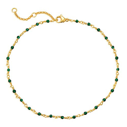 Gold Anklets for Women 14K Gold Plated Tiny Bead Anklet Colorful Tassel Foot Chain Dainty Adjustable Cute Summer Beach Boho Anklets Jewelry Gift - color: crystal green