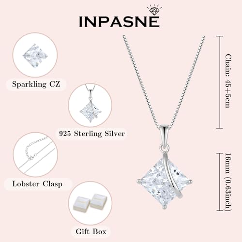 Square Princess Cut Necklace 925 Sterling Silver Solitaire Pendant Necklace Birthstone Jewelry Gifts for Women - color: 04 April - Zirconia