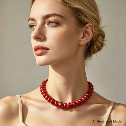 Colorful Chunky Acrylic Beaded Choker Necklaces for Women | Multicolor Faceted Beads, Sturdy Metal Chain, Adjustable Detachable, Lightweight, Summer Boho, Sparkly Statement Jewelry Gift - color: Red