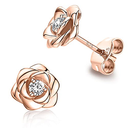 Gold Plated Sterling Silver Rose Flower Earring Studs, Hypoallergenic & Nickel Free Earrings for Women - color: Rose Gold Plated Silver, size: 9.0 Millimeters