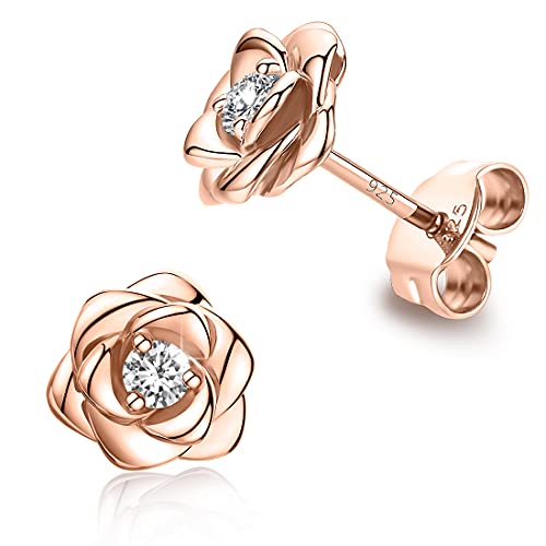 Gold Plated Sterling Silver Rose Flower Earring Studs, Hypoallergenic & Nickel Free Earrings for Women - color: Rose Gold Plated Silver, size: 12.5 Millimeters