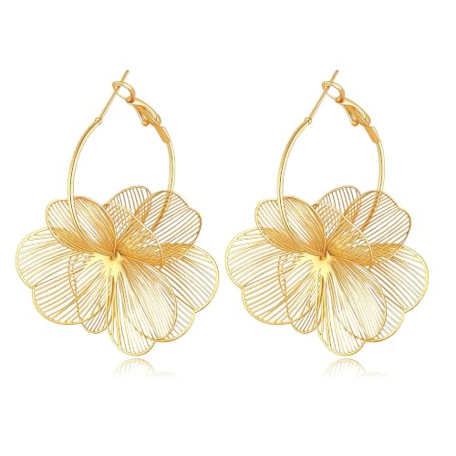Dangle Flower Earrings for Women, 14K Gold Plated Lightweight Hollow Wire Statement Trendy Floral Hoop Earrings Jewelry Hypoallergenic