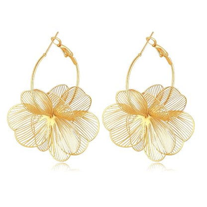 Dangle Flower Earrings for Women, 14K Gold Plated Lightweight Hollow Wire Statement Trendy Floral Hoop Earrings Jewelry Hypoallergenic