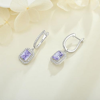 Women's Solitaire Dangle Drop Earrings 925 Sterling Silver Pure Square Huggie Earrings Hoop Dangle Drop Earrings Jewelry Gift - color: 06-alexandrite-Jun