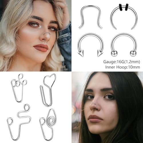 Stainless Steel Nose Rings Chain Horseshoe Nose Ring Body Piercing Jewelry | African Star Heart Studs Horseshoe Nose Cuff Septum Chain Body Piercing Jewelry Set for Women Men, Silver - color: Silver