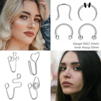 Stainless Steel Nose Rings Chain Horseshoe Nose Ring Body Piercing Jewelry | African Star Heart Studs Horseshoe Nose Cuff Septum Chain Body Piercing Jewelry Set for Women Men, Silver - color: Silver