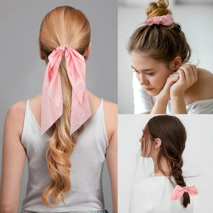 Silk Scrunchies Satin Silk Pink Elastic Hair Scrunchies Ties Bows Ribbon Accessories Knotted Bows for Women Girls Hair Valentine's Day Gifts - color: Pink