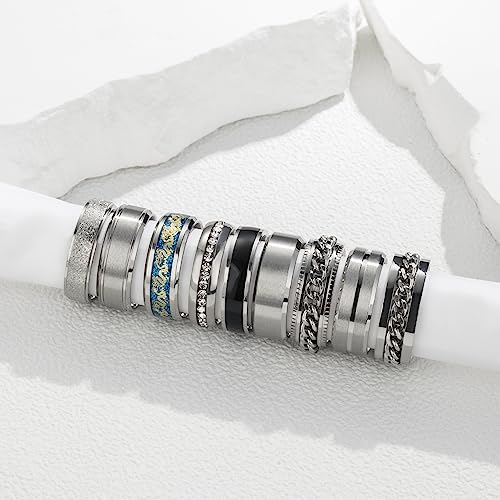 EIELO 9Pcs Stainless Steel Band Rings for Men Women Cool Fidget Spinning Chain Ring Anxiety Relief Fashion Simple Wedding Engagement Black Ring Set - color: Silvery