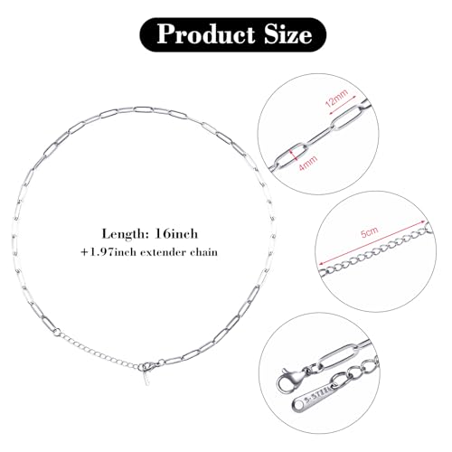 YOUBEIYEE 10 Pack Stainless Steel Paperclip Necklace Chains Bulk | Classic Men and Women Paperclip Chain Necklace Set - color: Steel Color, size: 16inch (4x12mm)