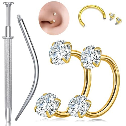 G23 Titanium Horseshoe Nose Ring 20G, 2 Pcs Double Gem Nose Ring for Women, 6mm 7mm 8mm Hypoallergenic Horseshoe Nose Rings Helix Tragus Earring Hoops Labret Lip Piercing Jewelry Small Septum Rings - color: 20G-6mm+7mm-2 Pcs Gold-White CZ