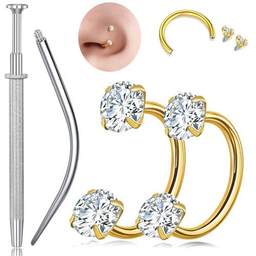 G23 Titanium Horseshoe Nose Ring 20G, 2 Pcs Double Gem Nose Ring for Women, 6mm 7mm 8mm Hypoallergenic Horseshoe Nose Rings Helix Tragus Earring Hoops Labret Lip Piercing Jewelry Small Septum Rings - color: 20G-6mm+8mm-2 Pcs Gold-White CZ
