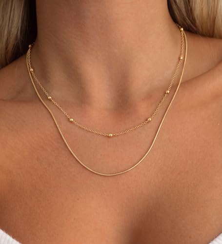 Tewiky Layered Necklaces for Women 14k Gold Plated Chain Necklace Set | Chunky Herringbone/Snake/Rope/Box/Cuban Link Chain for Women, Layering Stack Choker Necklace, Dainty Jewelry Set Non Tarnish - color: Layered Bead Gold