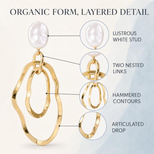 Gold Irregular Oval Drop Earrings for Women with Faux Pearl Studs, Lightweight Geometric Statement Dangle Earrings for Daily Wear Party Wedding Gift