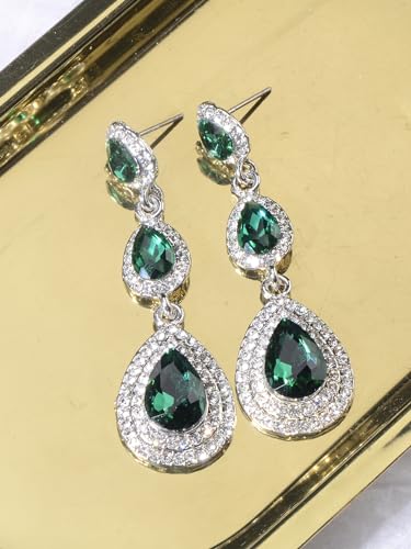 Crystal Teardrop Dangle Earrings - S925 Sterling Silver Posts Rhinestone Drop Earrings for Women Wedding Bridal Brides Bridesmaids Party Prom Pageant Fashion Costume Jewelry - style: 3 teardrop dangle earrings green silver