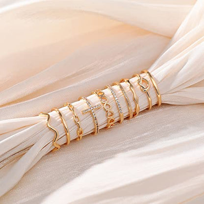 ZOERAY Gold Silver Stackable Rings for Women Non Tarnish CZ Ring Set | 10PCS 14K Gold Plated, Dainty Stacking Band Rings, Cross Wave Paperclip Knot Knuckle Thumb Ring, Jewelry Gifts, Size 4-11 - color: Gold