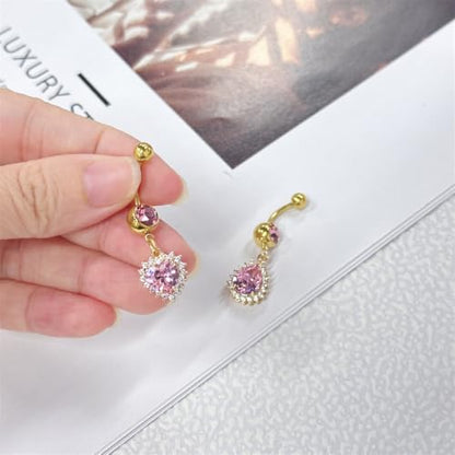 14G Heart and Waterdrop Dangle Belly Button Rings | Stainless Steel, Pink CZ, Dangle Charm Belly Rings, Navel Piercing Barbell, Body Piercing Jewelry - color: Gold