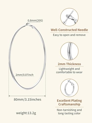 FindChic Thin Hoop Earrings for Women,Silver/Black/Gold Plated 20-100mm - color: Silver, size: 80mm