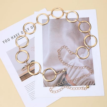 Chain Belt, Metal Belt Chains for Women, Circle Waist Chain Gold Silver Adjustable Jewelry Belts for Dresses Jeans - color: Gold
