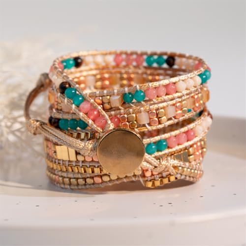 YGLINE Natural Stone Wrap Bracelet for Women Boho Bracelets Healing Crystal Beaded Bracelet Adjustable 3/5 Wraps Bracelet Handmade Birthday Gifts for Women - color: golden
