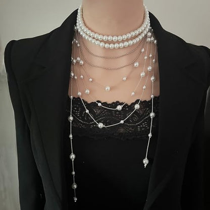 Layered Pearl Choker Necklace for Women Long Pearl Tassel Necklaces Multi Strand Pearl Necklaces Faux Pearl Necklace Wedding Jewelry - color: White