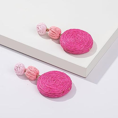 Statement Raffia Boho Round Dangle Ball Earrings - Cute Handmade Summer Bohemian Dangling Jewelry for Women - color: 3Pink