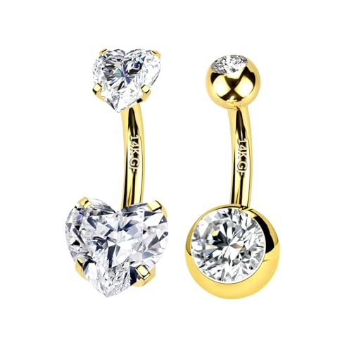 2pcs 14k Gold Filled Belly Button Rings, 14G 8mm/10mm/12mm Threaded Barbell Belly Button Piercing, Navel Ring Piercing Jewelry - color: 14K GF-2pcs-Heart CZ-8mm