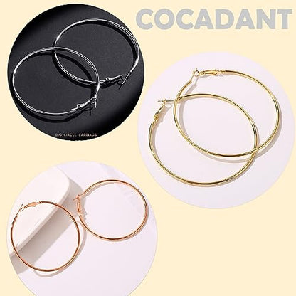Cocadant Big Gold Hoop Earrings for Women Girls,Dainty 14k Gold Hypoallergenic Rose Gold Silver Hoop Earrings with 925 Sterling Silver Post,Stainless Steel Large Hoop Earrings - style: 60mm-Gold,Silver and Rose gold