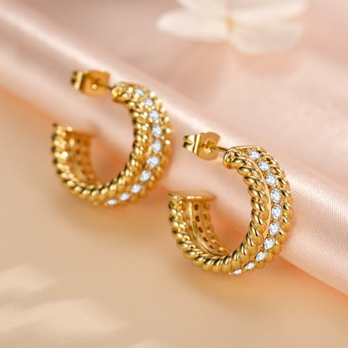 Small Gold Twisted Hoop Earrings for Women, 18K Gold Plated Hypoallergenic Chunky Cubic Zirconia Huggie Hoop Earrings Jewelry Gifts for Women